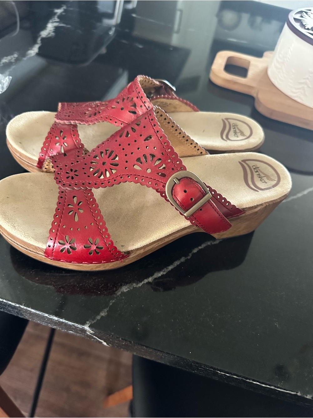 Dansko Red Leather Sapphire cut out Slide Clog Sandal